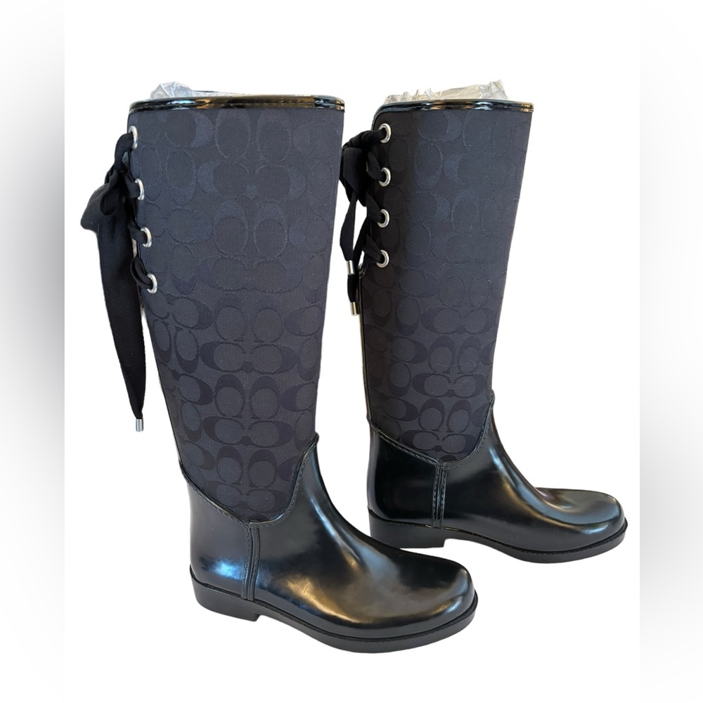 Coach Women’s Tristee Black Rain Boots with Stylish Back Laces Size‎ 6